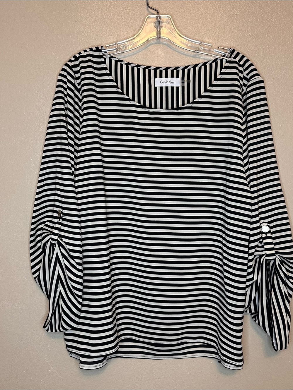 Calvin Klein Black and White Striped Scoop-Neck Blouse